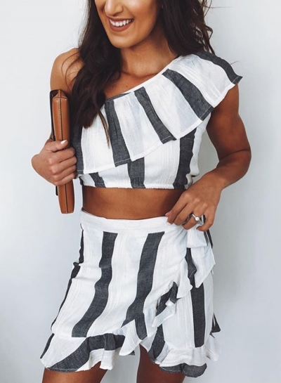 Casual Striped Ruffle One Shoulder Crop Top Waist Tie Short Skirt Set zecalaba.com