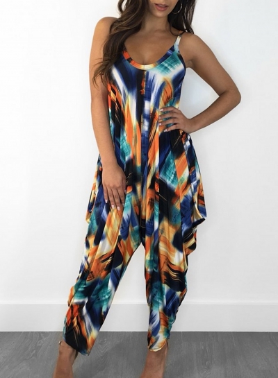 Fashion Printed Loose Ruffle Strap Sleeveless Round Neck Jumpsuit YOYOTSHOP.com