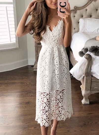 Summer Sexy Boho Solid Lace High Waist Spaghetti Strap V Neck Dress zecalaba.com