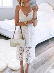 Summer Sexy Boho Solid Lace High Waist Spaghetti Strap V Neck Dress