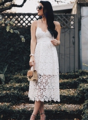 Summer Sexy Boho Solid Lace High Waist Spaghetti Strap V Neck Dress