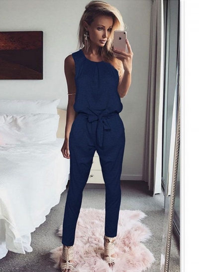 Summer Casual Slim Solid Sleeveless Waist Tie Jumpsuit