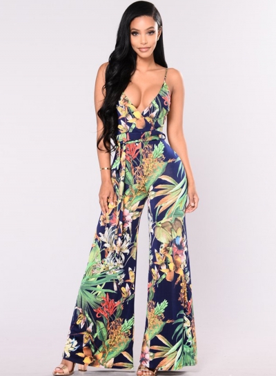 Summer Floral Printed Spaghetti Strap V Neck Wide Leg Jumpsuit