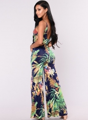 Summer Floral Printed Spaghetti Strap V Neck Wide Leg Jumpsuit