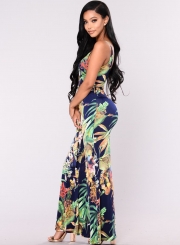 Summer Floral Printed Spaghetti Strap V Neck Wide Leg Jumpsuit