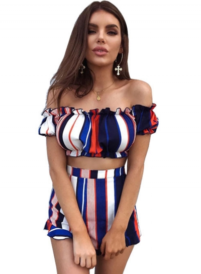 Sexy Striped Slash Neck Short Sleeve Crop Top High Waist Shorts Set