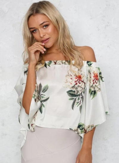 Fashion Floral Printed Half Sleeve Off The Shoulder Women Slit Blouse