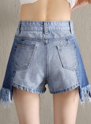 Casual Irregular Tassel Zipper Fly Denim Straight Shorts With Pockets