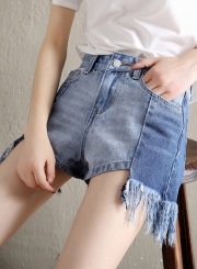 Casual Irregular Tassel Zipper Fly Denim Straight Shorts With Pockets