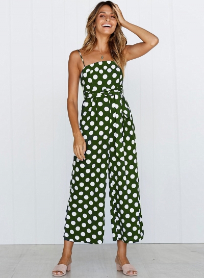 Polka Dots Spaghetti Strap Waist Tie Wide Leg Pockets Jumpsuit zecalaba.com