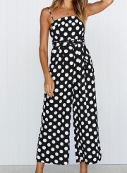 Polka Dots Spaghetti Strap Waist Tie Wide Leg Pockets Jumpsuit