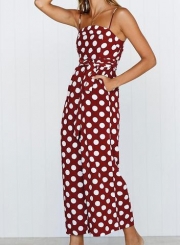 Polka Dots Spaghetti Strap Waist Tie Wide Leg Pockets Jumpsuit