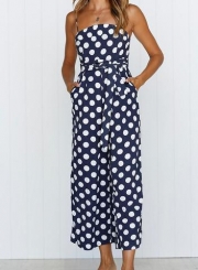 Polka Dots Spaghetti Strap Waist Tie Wide Leg Pockets Jumpsuit