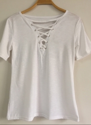 Summer Casual Loose Solid Lace-up V Neck Short Sleeve Tee Shirt