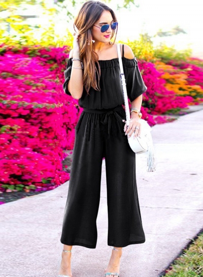 Solid Short Sleeve Spaghetti Strap Slash Neck Tie Waist Wide Leg Jumpsuits zecalaba.com