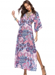 Fashion Printed 3/4 Sleeve V Neck Lace-Up Backless Slit Maxi Dress