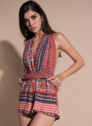 Fashion Sexy Boho Printed Sleeveless V Neck Backless Waist Tie Romper