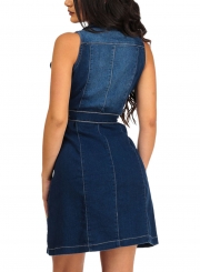 Slim Denim Sleeveless Front Buttons Waist Tie Dress With Pockets