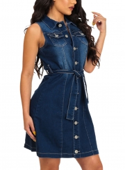 Slim Denim Sleeveless Front Buttons Waist Tie Dress With Pockets