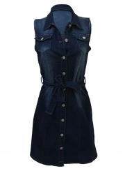 Slim Denim Sleeveless Front Buttons Waist Tie Dress With Pockets