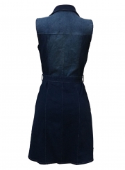 Slim Denim Sleeveless Front Buttons Waist Tie Dress With Pockets