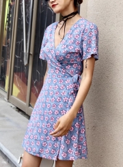 Casual Slim Floral Short Sleeve V Neck Waist Tie A-line Dress