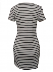 Summer Casual Slim Striped Short Sleeve Criss Cross V Neck Dress