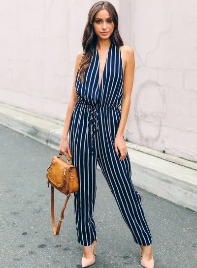 Fashion Sexy Striped Sleeveless V Neck Waist Tie Straight Jumpsuit zecalaba.com