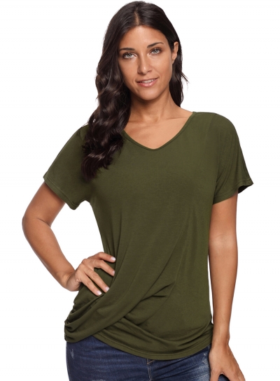 Black V-Neck Twist Ruched Basic Short Sleeve Tee zecalaba.com