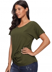 Black V-Neck Twist Ruched Basic Short Sleeve Tee