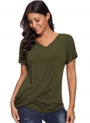 Black V-Neck Twist Ruched Basic Short Sleeve Tee