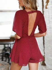 Summer Short Sleeve V Neck Backless Waist Tie Polka Dots Wide Leg Romper