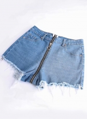 Fashion Splicing High Waist Burrs Zipper Fly Denim Shorts With Pockets