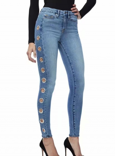 Casual Slim Hollow Out High Waist Zipper Fly Pencil Jeans With Pockets