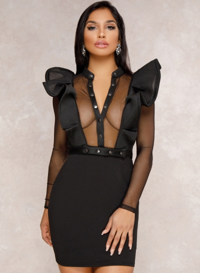 Fashion Sexy Mesh Splicing Ruffle V Neck High Waist Bodycon Dress zecalaba.com