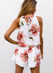 Fashion Floral Printed Halter Off The Shoulder Tank With Straight Shorts