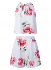 Fashion Floral Printed Halter Off The Shoulder Tank With Straight Shorts