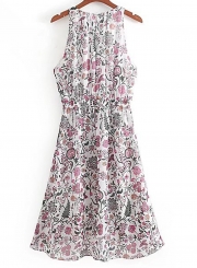 Summer Casual Slim Chiffon Floral Printed Sleeveless Elastic Waist Dress