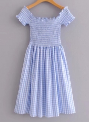 Casual Smocking Plaid Short Sleeve Off The Shoulder High Waist Dress