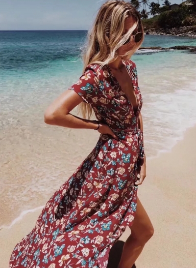 Summer Floral Printed Short Sleeve V Neck Slit Ruffle Hem Swing Maxi Dress