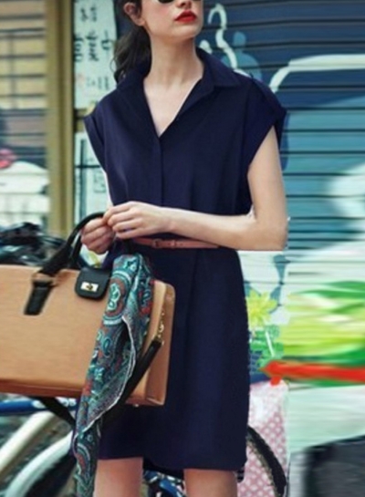 Slim Chiffon Navy Turn-Down Collar Short Sleeve Shirt Dress With Belt zecalaba.com