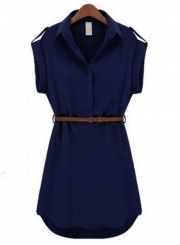 Slim Chiffon Navy Turn-Down Collar Short Sleeve Shirt Dress With Belt