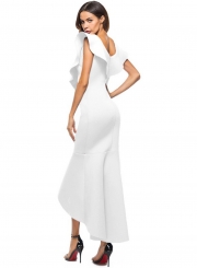 Fashion Sexy Slim Solid Ruffle Backless V Neck Maxi Dress