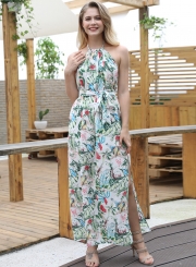 Fashion Boho Floral Printed Halter Backless Waist Tie Slit Maxi Dress