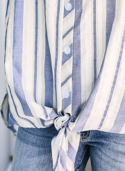 Casual Irregular Striped Short Dolman V Neck Front Knot Button Down Shirt