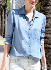 Casual Solid Roll-Tab Sleeve Turn-Down Collar Denim Button Down Shirt