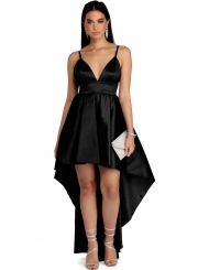 Fashion Solid Spaghetti Strap V Neck High Waist Hi-Lo Sleek Party Dress