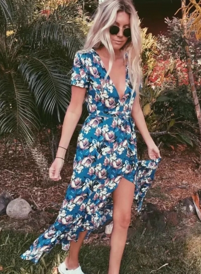 Summer Floral Printed Short Sleeve V Neck Slit Ruffle Hem Swing Maxi Dress