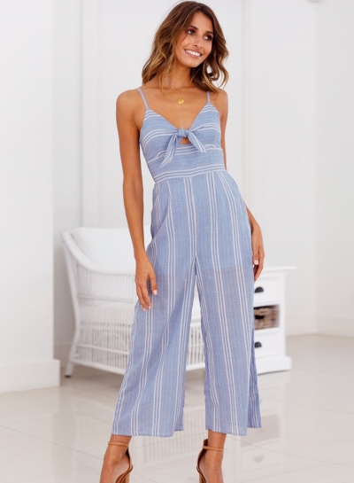 Casual Striped Spaghetti Strap V Neck Front Knot Wide Leg Jumpsuit zecalaba.com