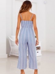 Casual Striped Spaghetti Strap V Neck Front Knot Wide Leg Jumpsuit